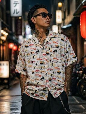 Vintage 90s 3rd Rail Sushi Print Button Up Shirt Size M Third Rail